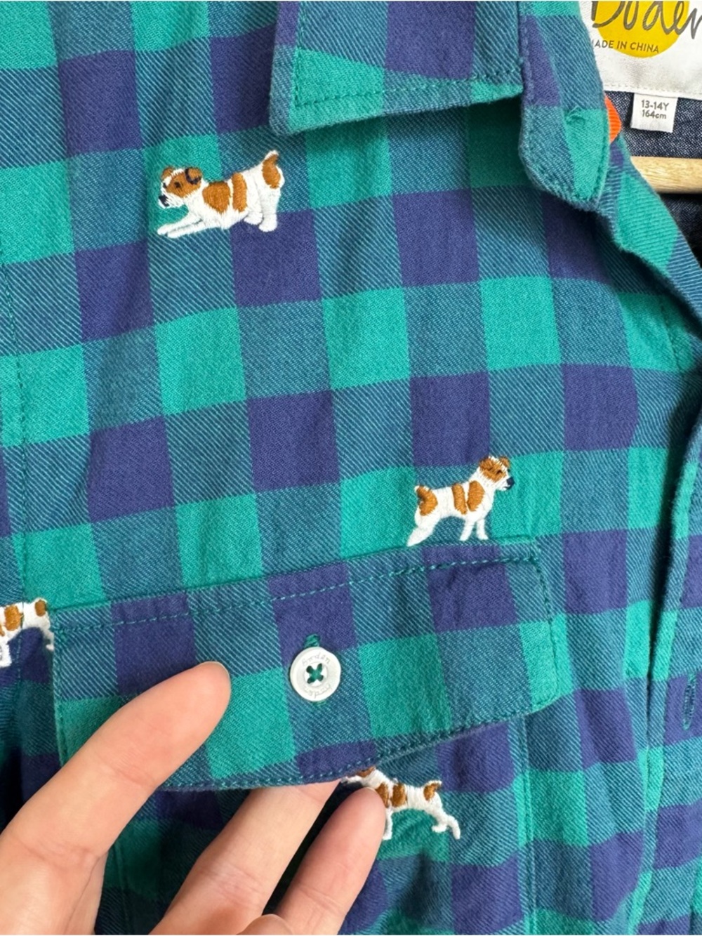 Boden Flannel Dog Embroidered Button Down Shirt Size 13-14Y - Picture 3 of 4